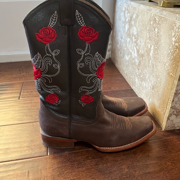 Bota Vaquera Dama Cafe Roses Cowgirl Western Rodeo Womens Square Toe Brown Boots - Picture 10 of 10